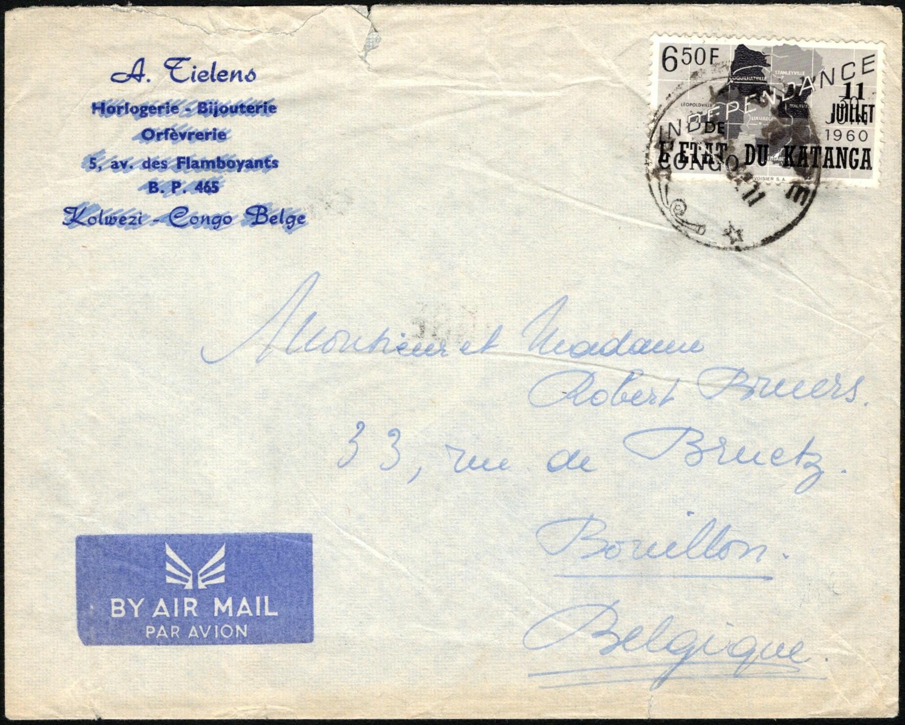 1961, Katanga, airmail envelope, franked with (1x) 6,50fr - ...