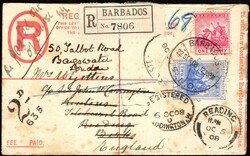 1908, Barbados, registered (envelope) postal stationery at 2d uprated ...