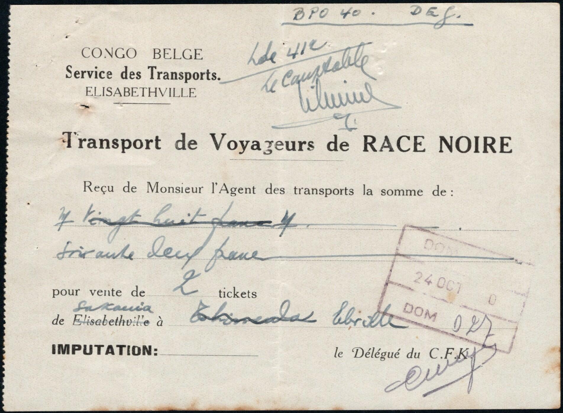 1940, Belgian Congo, ticket form "Transport de Voyageurs de RACE ...