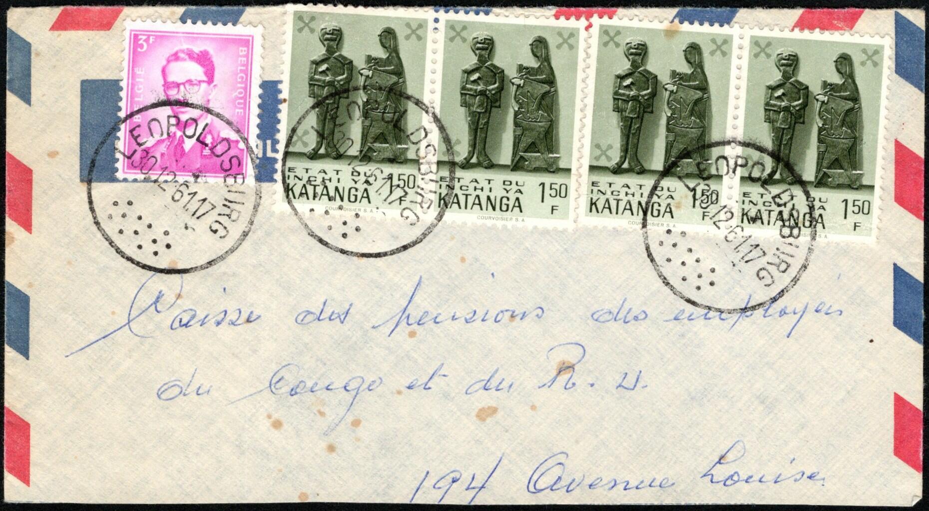 1961, Katanga, routing via Belgium, part of envelope, franked with ...