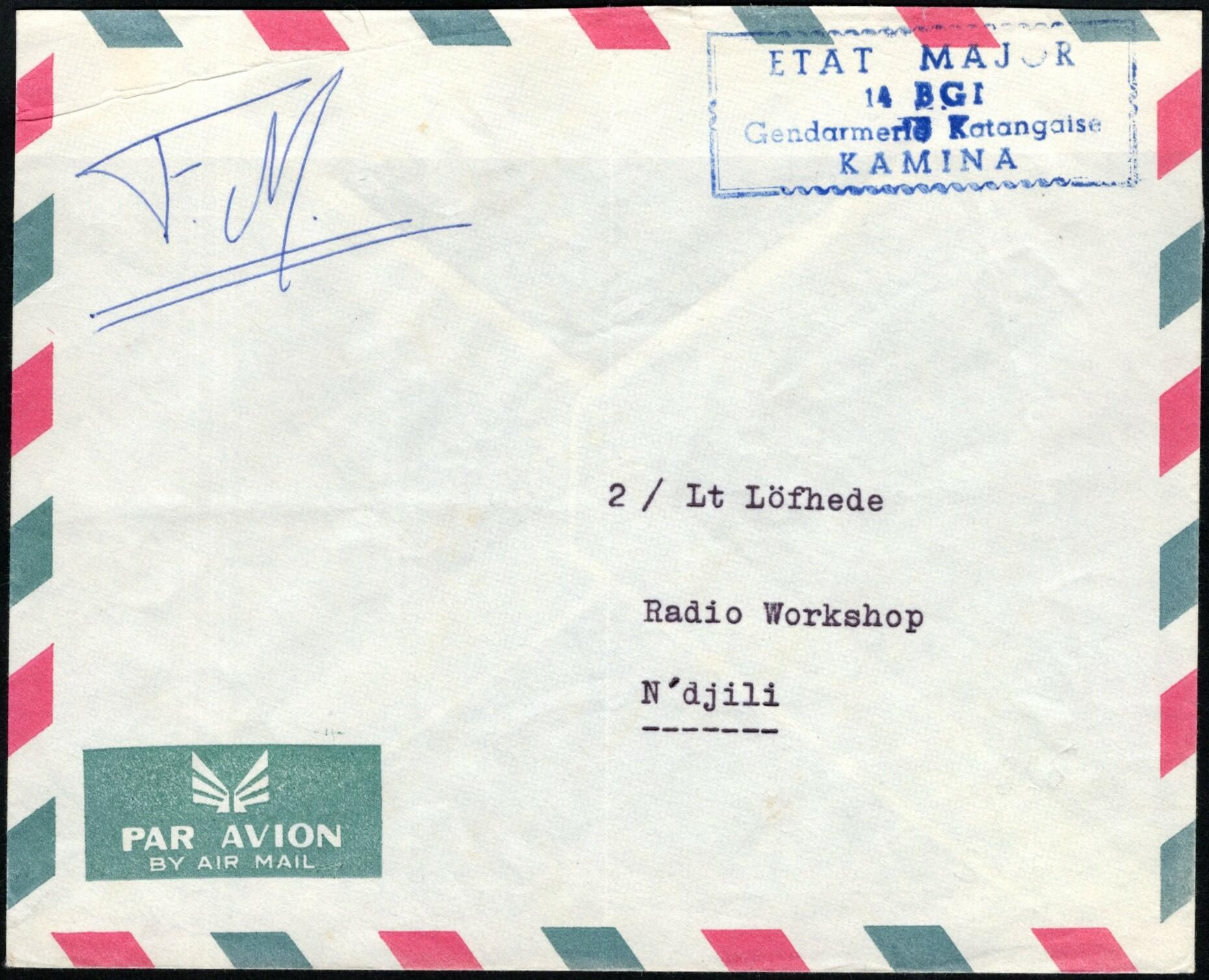 "ETAT MAJOR - 14 BGT - Gendarmerie Katangaise - KAMINA", envelope ...