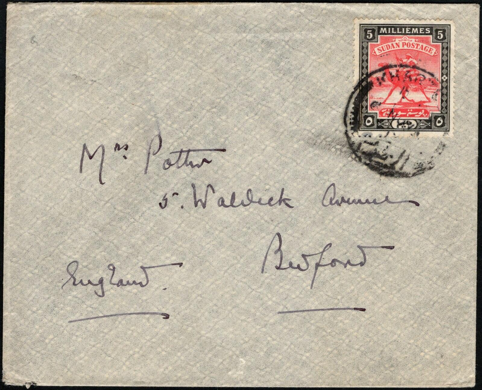 1909, Sudan, envelope franked on reverse with (1x) 5m scarlet and ...