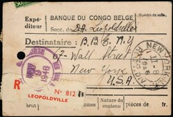 1946, Belgian Congo, registered parcel tag, franked with (2x) 50c - ...