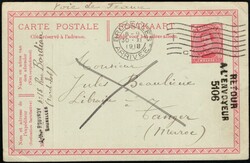 1918, Belgique vers Maroc Français, entier postal à 10c, expédié ...
