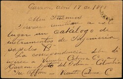 1888, Colombia, postal stationery Higgins & Gage #8, 2c black on ...