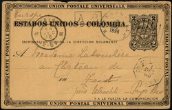1896, Colombia, postal stationery Higgins &amp; Gage #9 request part, ...