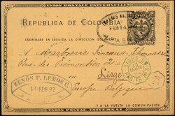 1892, Colombia, postal stationery Higgins &amp; Gage #12, 2c black on ...