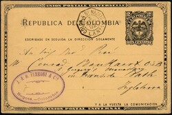 1892, Colombia, postal stationery Higgins &amp; Gage #12, 2c black on ...