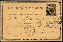 1892, Colombia, postal stationery Higgins &amp; Gage #12, 2c black on ...