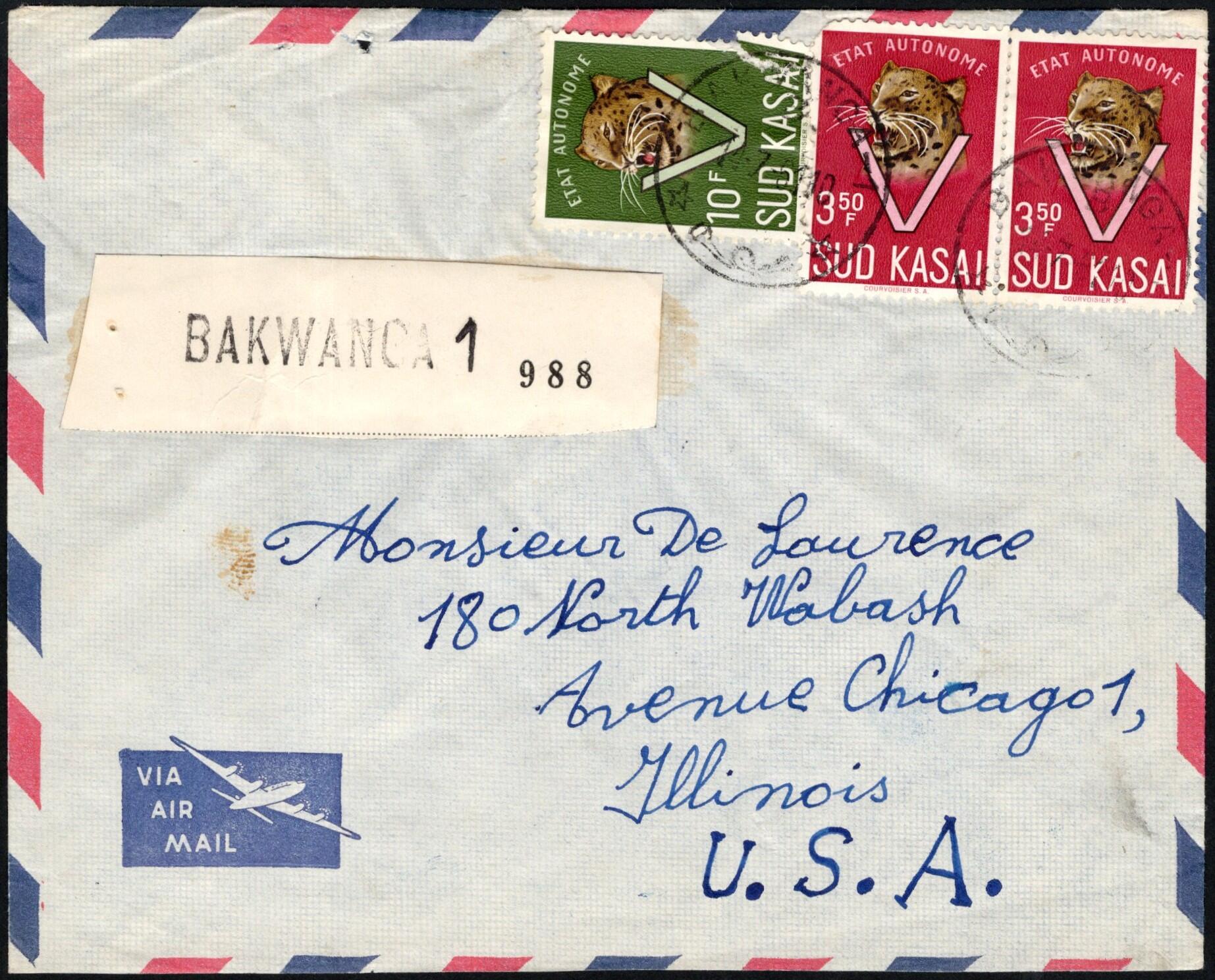 BAKWANGA-1B, South Kasaï State, registered airmail envelope, franked ...