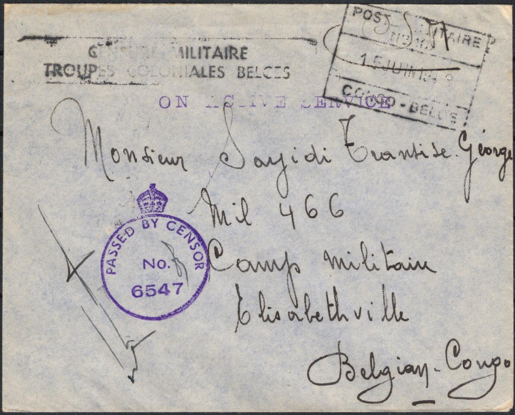 1943, Belgian Congo, envelope "on active service" (purple mark), sent ...