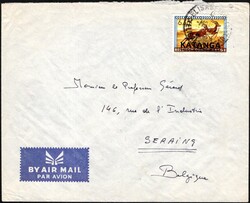 1960, Katanga, airmail envelope, franked with (1x) 6,50fr - Animals ...