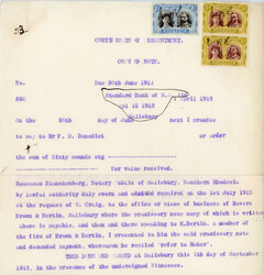 Rhodesia Revenue document with 5d purple-brown and ochre pair + ...