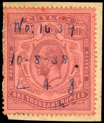 Ceylon SG 323 100r purple on red fiscally used 1912-25 1000r purple ...