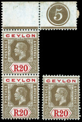 † Ceylon 1912-25 20r pair showing plate number 5 mint 1912-25 20r ...