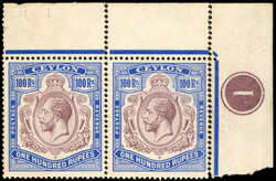 † Ceylon 1921-32 100r dull purple and blue, wmk Script separated ...