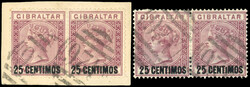 Gibraltar 1889 25c on 2d brown-purple horizontal pairs with broken ...