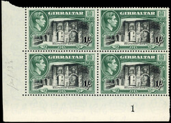 Gibraltar SG 127a Plate block mint 1938-42 1/- perf 13½ lower left ...