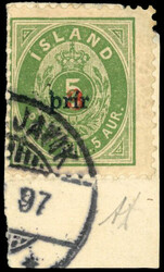 Iceland 1897, perf 12½, 3a on 5a green used on piece with S. ...