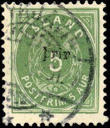 Iceland 1897 small black 'prir' word only overprint on 5a green used ...