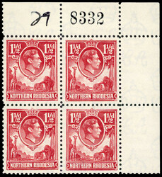 Northern Rhodesia SG 29 var block mint 1938-41 1½d carmine-red top ...