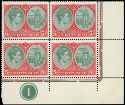 St Kitts-Nevis SG 77b, bc Plate block mint 1943 5/- ordinary paper ...
