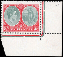 St Kitts-Nevis SG 77bc mint 1945 printing of the 5/- corner example ...