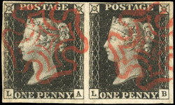 GB 1840 1d black Plate 2 used pair 1840 1d black Plate 2 (LA-LB) ...
