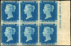 GB SG 5 1840 2d blue block of six mint 1840 2d blue Plate 1 (OJ-PL) ...