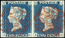 GB SG 5 1840 2d blue used pair 1840 2d blue Plate 1 (AC-AD) four ...