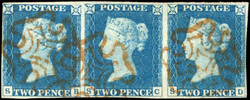 GB 1840 2d blue Plate 1 used strip of 3 1840 2d blue Plate 1 (SB-SD) ...
