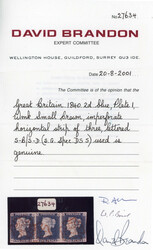 GB 1840 2d blue Plate 1 used strip of 3 1840 2d blue Plate 1 (SB-SD) ...