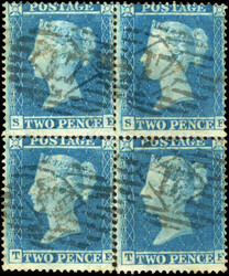 GB 1855 2d blue Plate 5 block used 1855 a fine and rare used block of ...