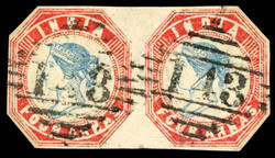 India SG 23 pair used 1855 4a blue and red Head Die III, Frame Die II ...