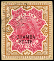 I.C.S. Chamba SG 19 1887 2r used on piece1887-95 2r carmine and ...