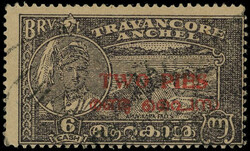IFS Travancore-Cochin SG 1f used 1949 TWO PIES on 6ch blackish violet ...