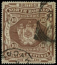 1889 $10 brown, used with part Sandakan CDS and part of a squared ...