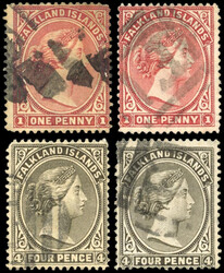 Falkland Islands SG 5, y, 6, w 1882 1ds and 4ds used 1882 used 1d ...