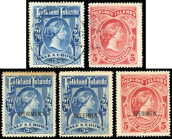 Falkland Islands SG 41-2 1898 2s6s, 5s used and Specimen 1898 2s6d ...