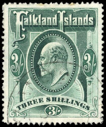 Falkland Islands SG 49bx 1907 3s deep green with watermark reversed ...