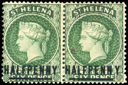 St Helena SG 34a 1884 ½d green pair, right stamp spaced 'NY' mint ...
