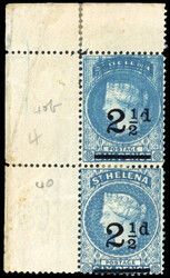 St Helena SG 40b 1893 2½d vertical pair, upper stamp doubly printed ...