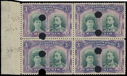 † 3/- punched holes block 3/- plate proof left marginal block of ...