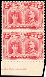 † Rhodesia 1910-13 1d rose-carmine perf 15 pair 1910-13 1d ...