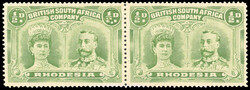 † Rhodesia 1910-13 ½d pale green perf 15 horizontal pair with ...