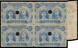 † 2½d punched holes block 2½d plate proof block of four, right ...