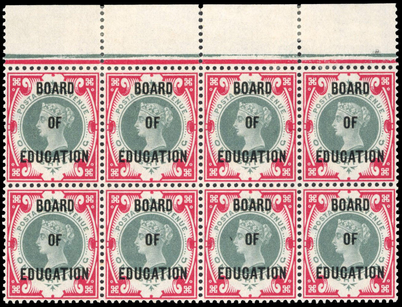 SG O82 Board of Education 1902 QV 1s green and carmine block mint ...