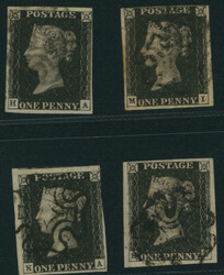 英国 1840 Penny Black 1d 8版 済 4枚 EL, HA(double letter A), KA, ...