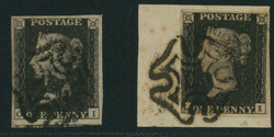 英国 1840 Penny Black 1d 済 2枚 PL8 LI(I square with horizontal ...