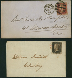 英国 カバー2通 Penny Black pl.4 R-L, Penny Red Four-Comer pl.84 ...